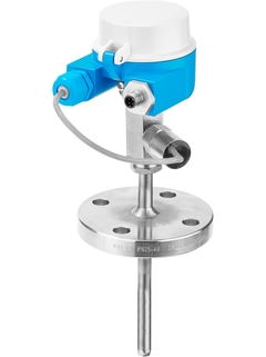 ndress+Hauser iTHERM ModuLine TM131 modular industrial temperature sensor with integrated thermowell, featuring blue connection head and stainless steel probe for process temperature measurement