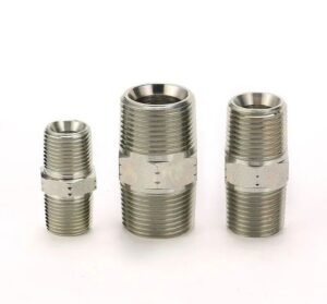 316L stainless steel NPT threaded hex nipple fittings in 1/8, 1/4, and 1/2 inch sizes for pressure gauge and transmitter process connections