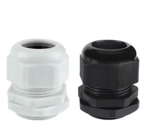 IP68 rated waterproof cable glands in white and black nylon with M20x1.5 thread for instrument junction box cable entry and sealing