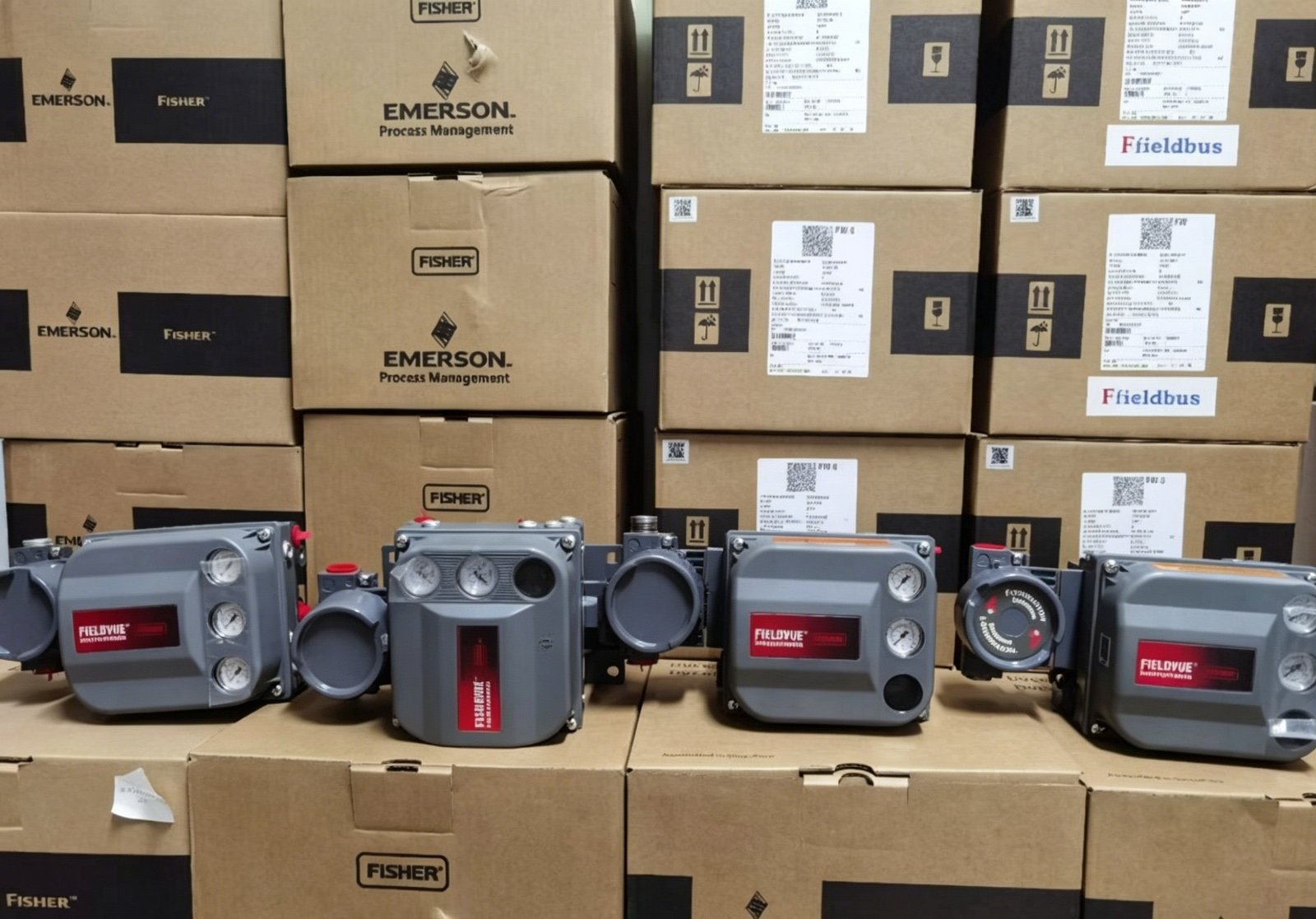 Genuine Fisher FIELDVUE DVC6200 digital valve controllers displayed with original Emerson packaging boxes. Multiple units in stock showing pressure gauges, LCD displays, and pneumatic connections. Authentic Fisher instruments ready for shipment from YUNRUI Controls.